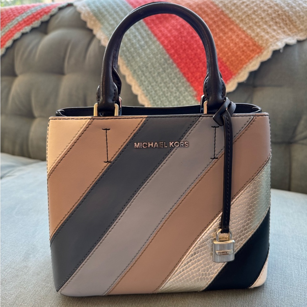 Michael Kors Striped Leather Handbag - Black, Gray, Tan, Silver